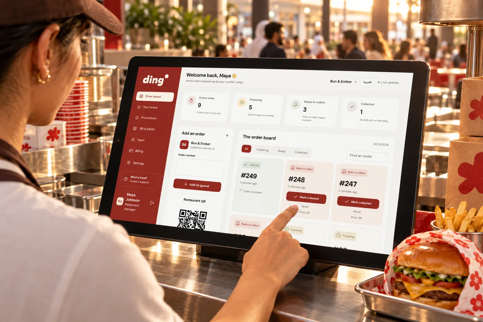 Ding dashboard at a restaurant counter