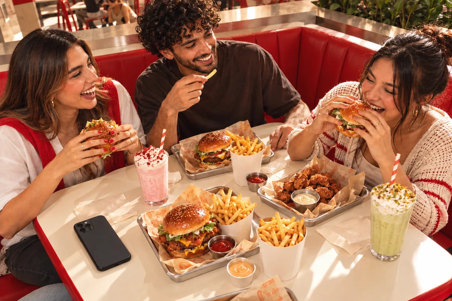 Friends enjoying a meal in a diner