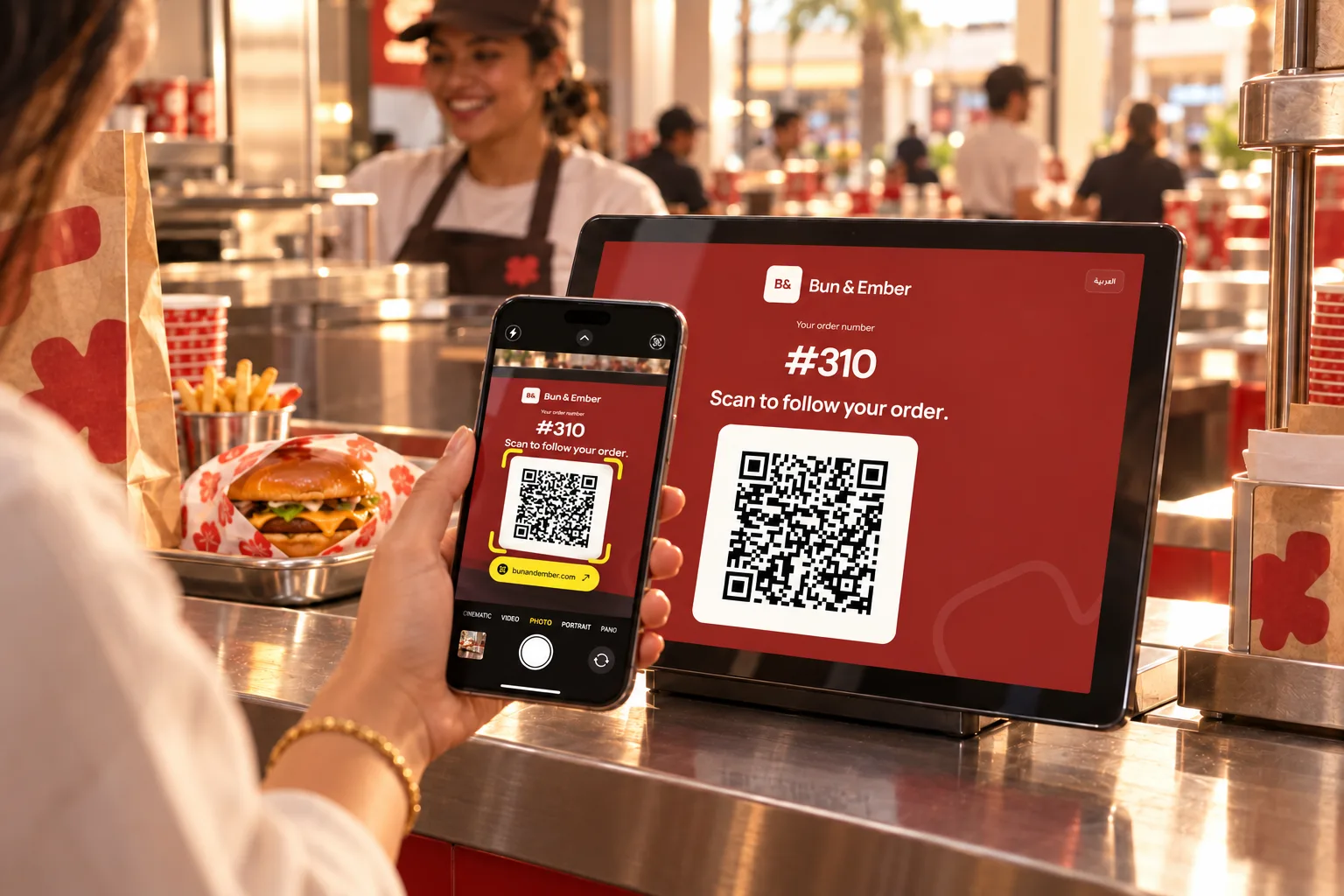 Customer scanning their order from a Ding tablet at a restaurant